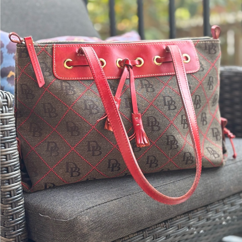 Vintage Dooney & Bourke Wool Canvas & Leather Tassel Handbag
